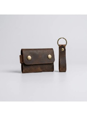 %100 Hakiki Deri El Yapımı Mini Kartlık ve Anahtarlık Seti - Minimalist Unisex Cüzdan 6x9 cm