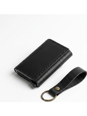 Hakiki Deri Mekanizmalı Cüzdan Anahtarlık Hediyelik Set El Dikişi Unisex Siyah Taba 7X10 cm