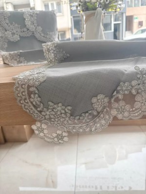 Ceki Home Salon Takımı 5 Parça Keten Dantelli Masa Örtüsü Runner Seti Çeyizlik Firuze Model Gri