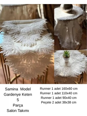 Çeyizlik Samina Model No 85693 Krem Dantelli Keten Masa Örtüsü Runner Seti 5 Parça