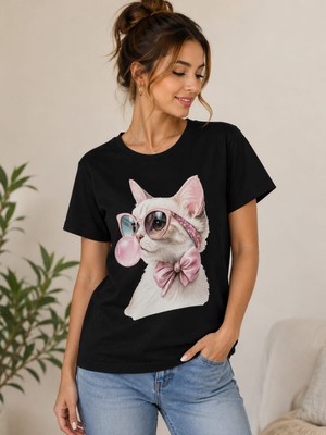 Broşürevim Pembe Fiyonklu Gözlüklü Balonlu Şirin Kedi Baskılı Kadın Erkek Unisex Siyah Kısakollu Tişört