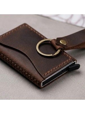 Hakiki Deri Mekanizmalı Cüzdan Anahtarlık Hediyelik Set El Dikişi Unisex Siyah Taba 7X10 cm