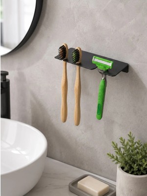 Bert Yapışkanlı Paslanmaz Çelik Mat Siyah Diş Fırçalık ve Jilet Tutucu Duvar Tipi Banyo Organizeri