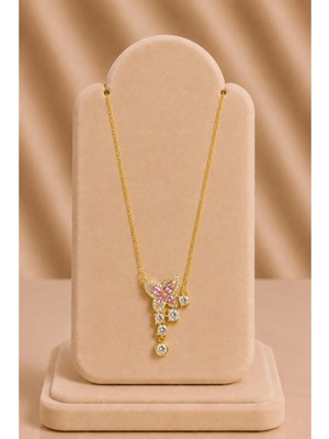 Mdm Style Pembe Taşlı Kelebek Figürlü Gold Kolye