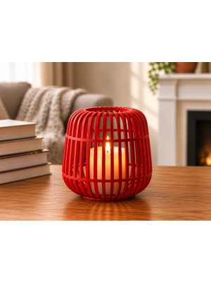 Bezos 3D Baskı Modern Kafes Tasarımlı Dekoratif Mumluk - Tealight Mumluk, Masaüstü Ev ve Ofis Dekoru-Kırmızı