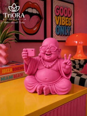 Triora Design Happy Selfie Buddha – Modern Gözlüklü Buda Dekoratif Biblo | Eğlenceli Ev & Ofis Dekoru 15X16 cm