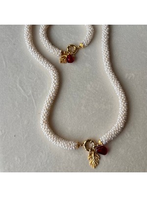 İncie Altın Uyumlu Sarmaşık Set (Nar ve Çınar Yaprağı Charm)