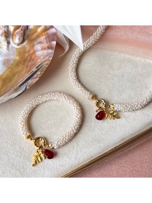 İncie Altın Uyumlu Sarmaşık Set (Nar ve Akasya Yaprağı Charm)