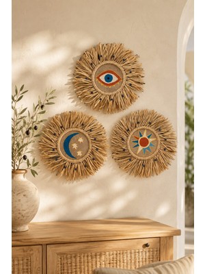 Momikothe Celestial Trilogy , Sun • Moon • Eye , Gökyüzü 3'lü El Yapımı Hasır Duvar Dekoru 35 cm