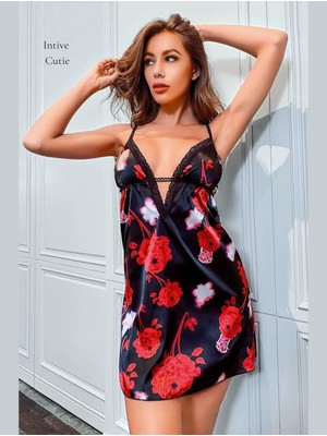 Intive Lingerie Intive Cutie Siyah Romantik Çiçek Desenli Derin Dekolte Ince Askılı Mini Gecelik