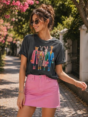 Broşürevim Moda Temalı Hayvan Figürlü Füme Renkli Sevimli Hayvan Dostları Baskılı Kısa Kollu Tişört