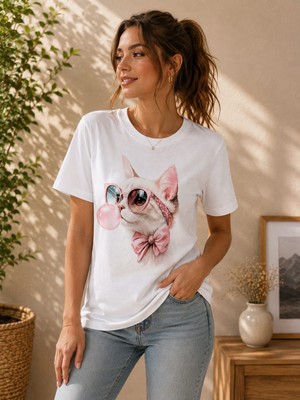 Broşürevim Pembe Fiyonklu Gözlüklü Balonlu Şirin Kedi Baskılı Kadın Erkek Unisex Beyaz Kısakollu Tişört