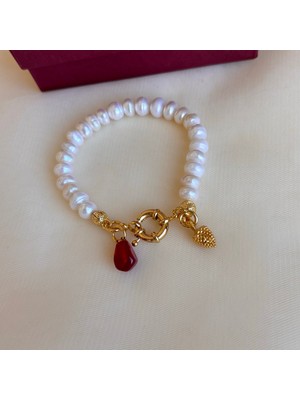 İncie Altın Uyumlu Nar ve Kozalak Charmlı Rondel Inci Bileklik