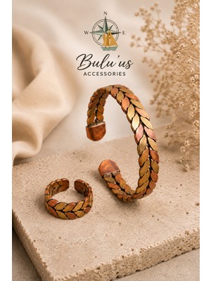 Bulu'us Accessories Bakır Yaprak Desenli Ayarlanabilir Bileklik ve Yüzük Seti – Otantik & Şık Tasarım Sevgiliye Hediye