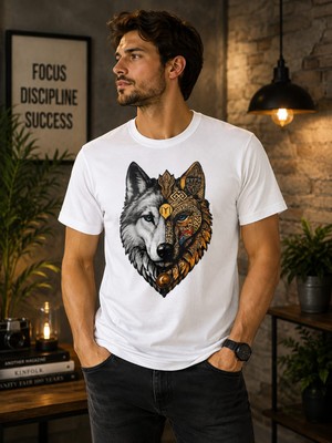 Broşürevim Nostaljik Bozkurt Temalı Ön Yüz Baskılı Beyaz Unisex Erkek Kadın Günlük Kısa Kollu Tişört