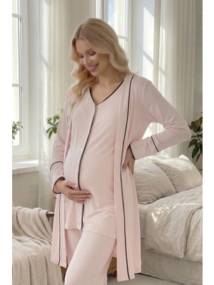 Hamilecim Hamile Lohusa 3’lü Pijama Takımı Sabahlıklı Biyeli Emzirme Özellikli Pembe