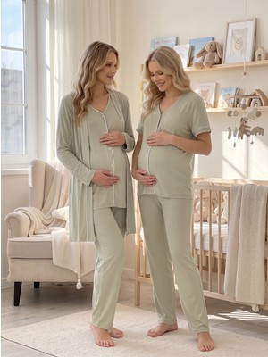 Hamilecim Hamile Lohusa 3’lü Pijama Takımı Sabahlıklı Biyeli Emzirme Özellikli Mint
