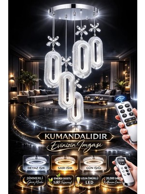 Kumsar Aydınlatma Serra 5li Krom 3 Renk LED Isıklı Salon Mutfak Oturma Odası Antre Avize