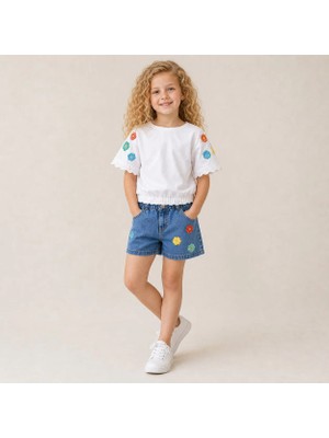 Almira Anne Bebek Kız Çocuk Çiçek Nakışlı Oversize Tişört ve Kot Şort Takım