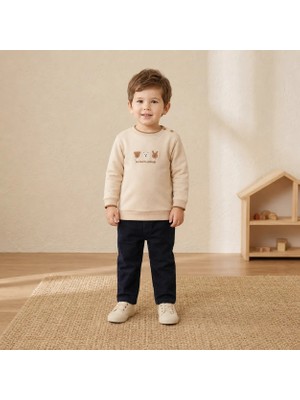 Almira Anne Bebek Erkek Çocuk Üç Hayvan Figürlü Bej Uzun Kollu Sweatshirt