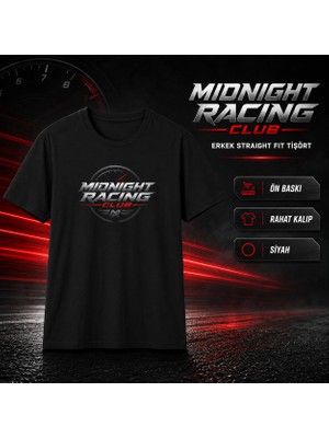 Tişört Kodu Midnight Racing Club Baskılı Siyah Erkek Straight Fit Tişört