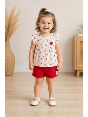 Almira Anne Bebek Kız Bebek Kiraz Desenli Müslin Şortlu Takım 9 Ay-3 Yaş