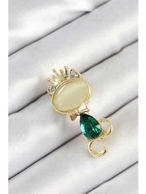 Yeşil Damla Zirkon Taşlı Kraliçe Taçlı Kedi Figürlü Gold Renk Kadın Broş