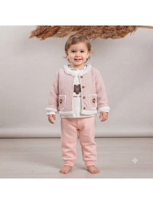 Almira Anne Bebek Kız Bebek Yakası Fistolu Düğmeli Cepli Simli Peluş Ceketli 3 'lü Takım