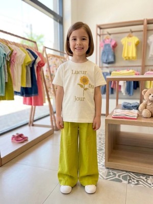 Almira Anne Bebek Kız Çocuk Ay Çiçeği Baskılı Keten Pantolonlu 2'li Takım