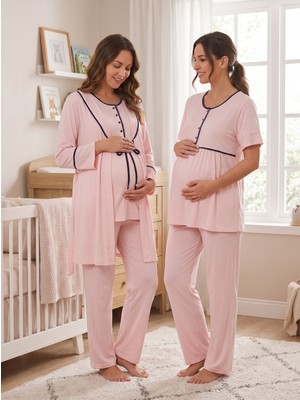 Hamilecim Hamile Lohusa 3’lü Pijama Takımı Sabahlıklı Biyeli Emzirme Özellikli Pembe