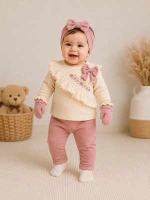 Almira Anne Bebek Kız Bebek Fiyonk Detaylı Çiçek Nakışlı Arka Kısmı Çıtçıtlı 5 ' Li Zıbın Seti