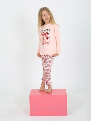 Almira Anne Bebek Kız Çocuk Happy Place Yazılı Fiyonk Detaylı Pijama Takımı