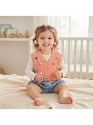Erca Home Tekstil Ürünleri Selanik Desenli Pamuklu Ponponlu Triko Yelek 6 Ay,5y Kız Pembe