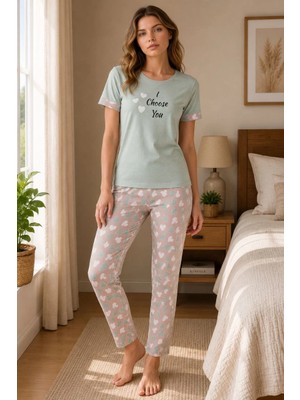 Asmedo Kadın Pamuklu Penye Baskılı Kısa Kollu Bisiklet Yaka Pijama Takımı - Mint