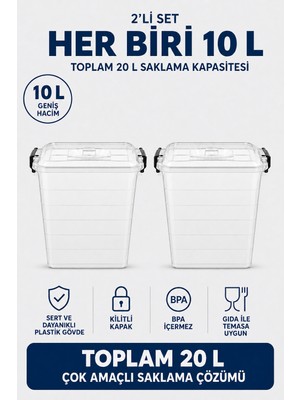Nuaen 2’li 10 Litre Şeffaf Kilitli Kapaklı Erzak ve Gıda Saklama Kutusu