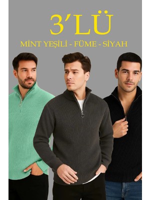 Asmedo Erkek Fitilli Triko Kazak 3’lü Set Mint Yeşili Siyah Füme Kalın Dokuma Pamuklu Regular Fit