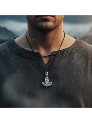 Alooya Thor Mjollnir Hammer Gümüş Kaplama Deri İp Kolye