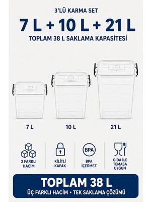Nuaen 3’lü 7+10+21 Litre Şeffaf Kilitli Erzak, Gıda ve Mama Saklama Kutusu Seti