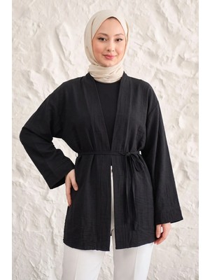 Modestim Önü Bağlamalı Kimono Tesettür Tunik Siyah Oversize Yeni Sezon Rahat Kalıp Önü Baglamalı Tesettür Tunik