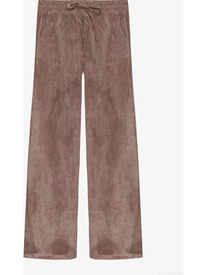 Quzu Beli Lastikli Kadife Bol Paça Pantolon Camel