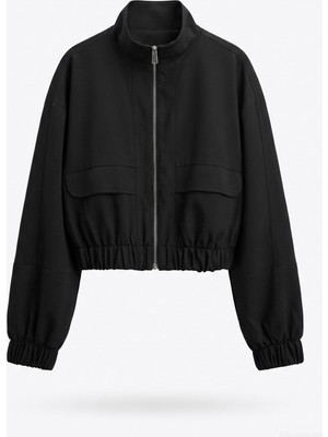 Quzu Beli Lastikli Cepli Bomber Ceket Siyah