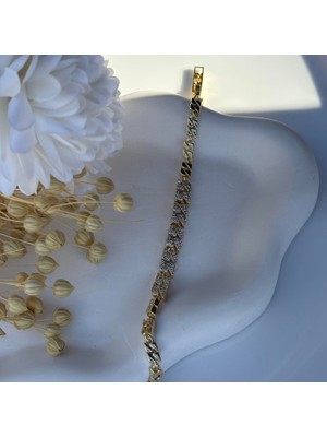 Nes Design 14 K Özel Seri Zirkon Taşlı Şerit Zincir Bileklik (17+2 Cm)