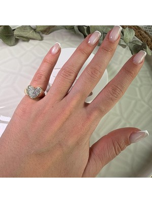 Nes Design Taşlı Kalp Plaka Ayarlanabilir Serçe Parmak Yüzüğü