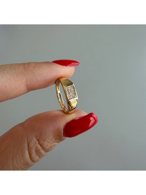Nes Design Dikdörtgen Damga Taşlı Serçe Parmak Yüzüğü -Gold