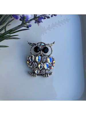Nes Design Baykuş Broş (Beyaz Damla Kesim Taşlı)