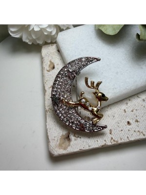 Nes Design Taşlı Hilal ve Gold Geyikli Broş