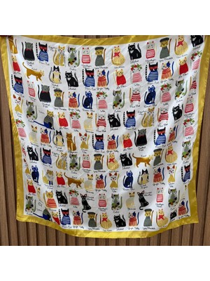 Nes Design Beyaz Kedi Desenli Eğlenceli Fular (70X70)