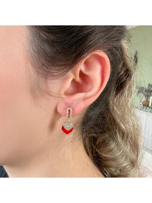 Nes Design 14K Özel Seri Kalp Charmlı Kırmızılı Küpe