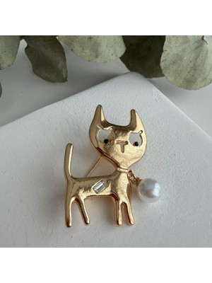 Nes Design Inci Tasmalı Gold Kedi Broş