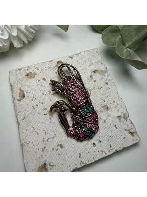 Nes Design Pembe Yeşil Taşlı Istakoz Bronz Broş